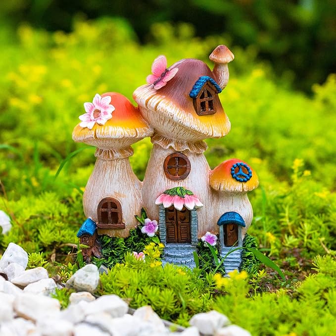 Solar Garden Statue Lights Mushroom Fairy House Figurine, Outdoor Memorial Garden Ornaments Waterproof Decoration for Outside Patio Yard Lawn Decor-VerdiqueGarden