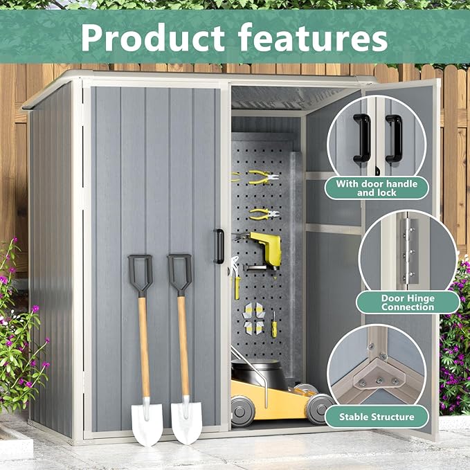 Aoxun Outdoor Storage Shed 5 x 3FT, Resin Shed with Floor and Lockable Door, Plastic Sheds for Garbage Can, Tool, Accessories, Lawn, Garden - Grey-VerdiqueGarden