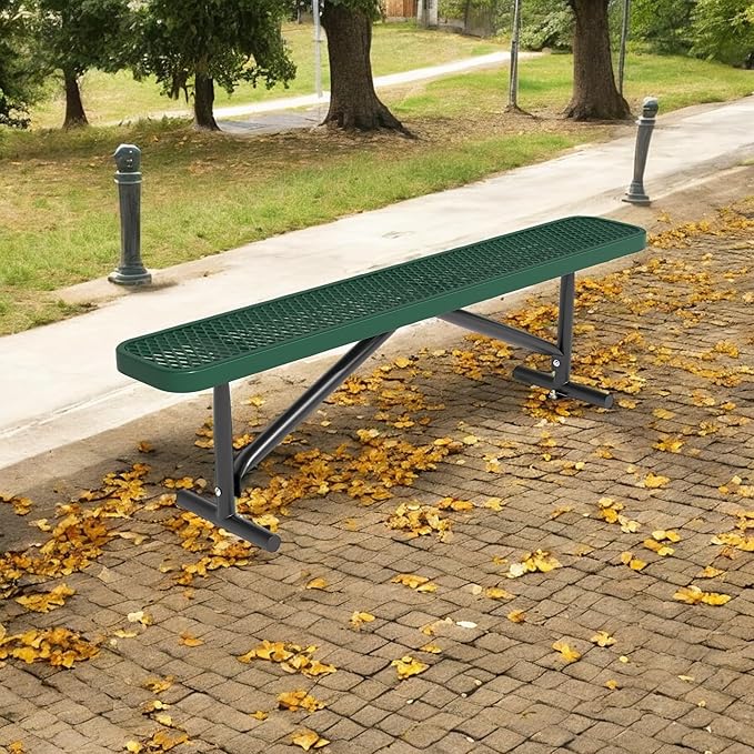 72" L Outdoor Steel Flat Bench, Heavy Duty Metal Park Bench for Outside, Expanded Metal, Commercial Benches Mesh Bench for Shopping Mall, Store, Lawn, Park, Patio, Deck, Garden (Green, 6FT)-VerdiqueGarden