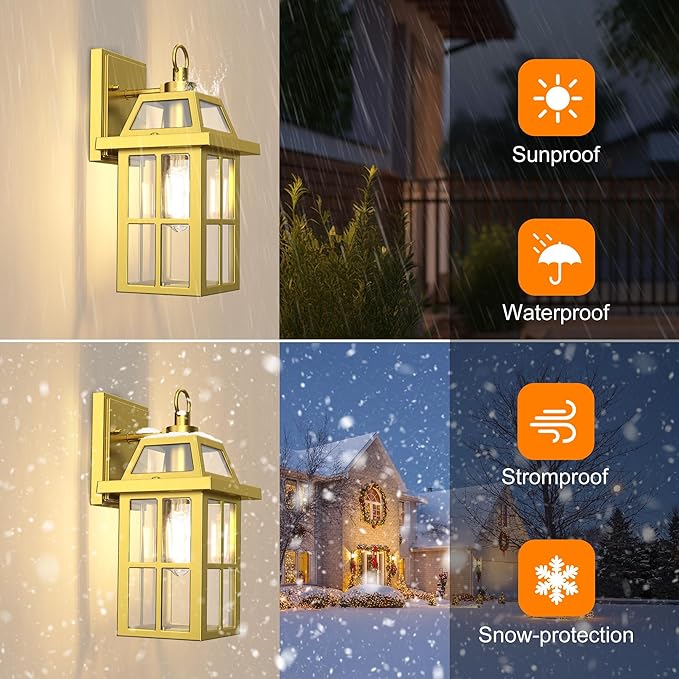 WIHTU Outdoor Wall Lantern, Porch Lights with Glass Shade, Waterproof Sconce Light, Aluminum Exterior Lighting Fixture, Anti-Rust Front Door Outdoor Lights for House, Gold-VerdiqueGarden