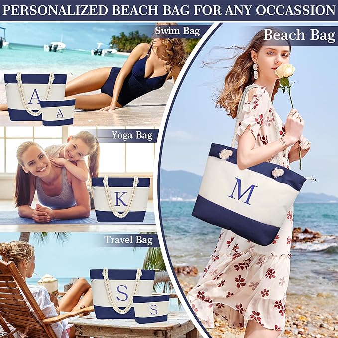 YOOLIFE Beach Bags for Women - Initial Tote Waterproof Bag with Makeup Bag, Mothers Day Gifts for Women Mom Friend Birthday-VerdiqueGarden