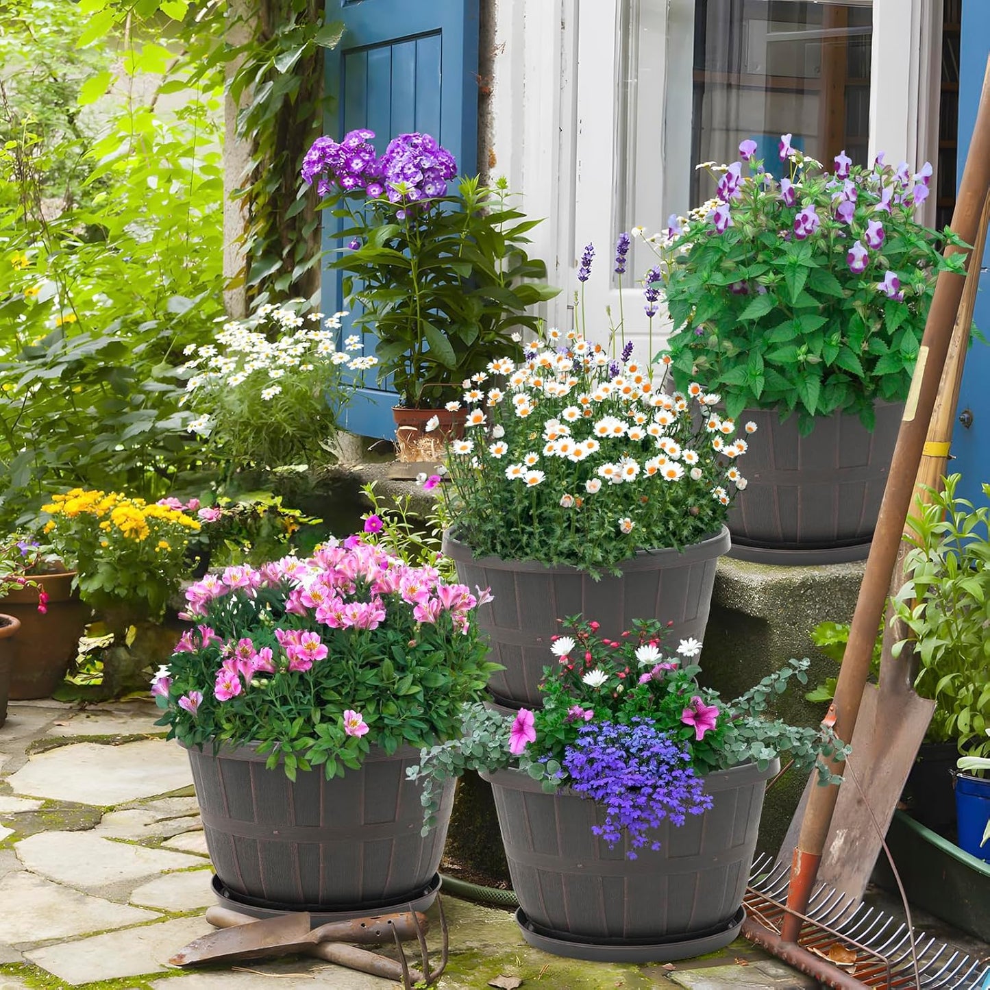 Quarut 14 Inch Plastic-Flower-Pot-for-Indoor-Plants, 4 Pack Large Outdoor Planter Pot with Drainage Holes & Saucers, Resin Decorative Garden Pots Planters（Brown）-VerdiqueGarden