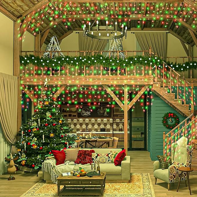Icicle Lights for Outside, 33FT 400 LED Christmas Lights Outdoor with Waterproof 8 Modes, Plug in Connectable String Twinkle Light for Indoor Roof Window Garden Fence Party Decorations, Red Green-VerdiqueGarden