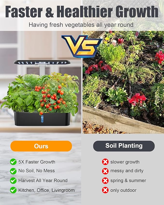 Hydroponics Growing System Kit 12 Pods Indoor Garden, Hydroponic Herb Garden Kit Indoor with LED Grow Light, Smart Indoor Garden, Adjustable Height, Auto Timer, Quiet Pump, Gift for Mom Women, Black-VerdiqueGarden