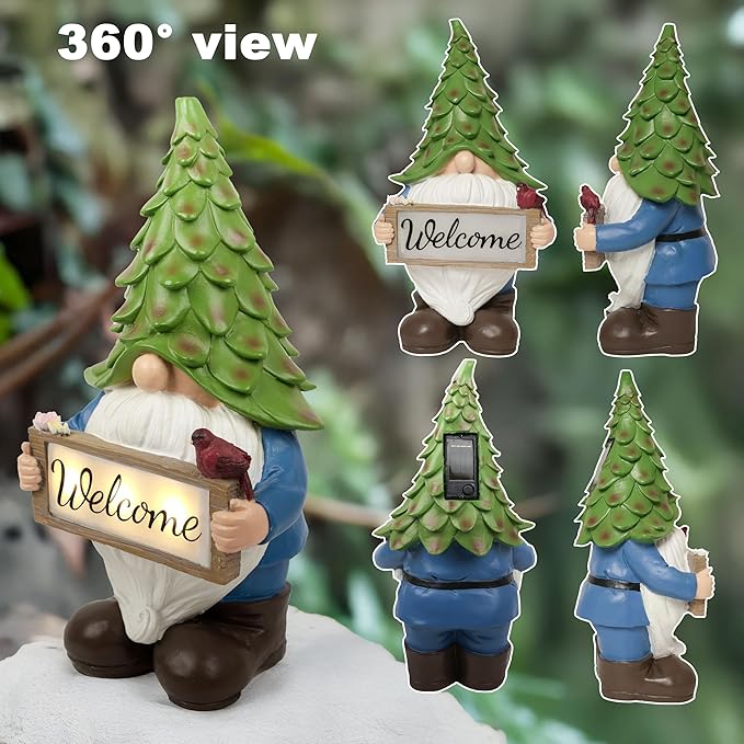Garden Gnome Statue with Solar Lights, 13.5” Welcome Sign Gnome Outdoor Decor for Yard Lawn Patio, Funny Resin Gnome Sculptures, Gifts for Women Mom Grandma,Garden Decor Ornament-VerdiqueGarden