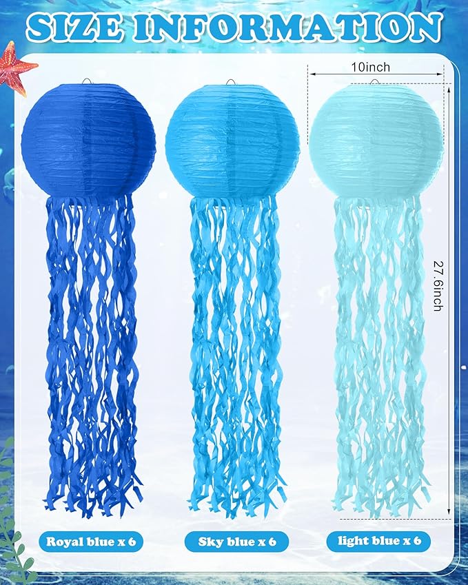 18 Pcs Jellyfish Paper Lanterns Mermaid Birthday Decorations Hanging Lantern Lamps for Ocean Theme Decor Under The Sea Party Supplies (Blue)-VerdiqueGarden
