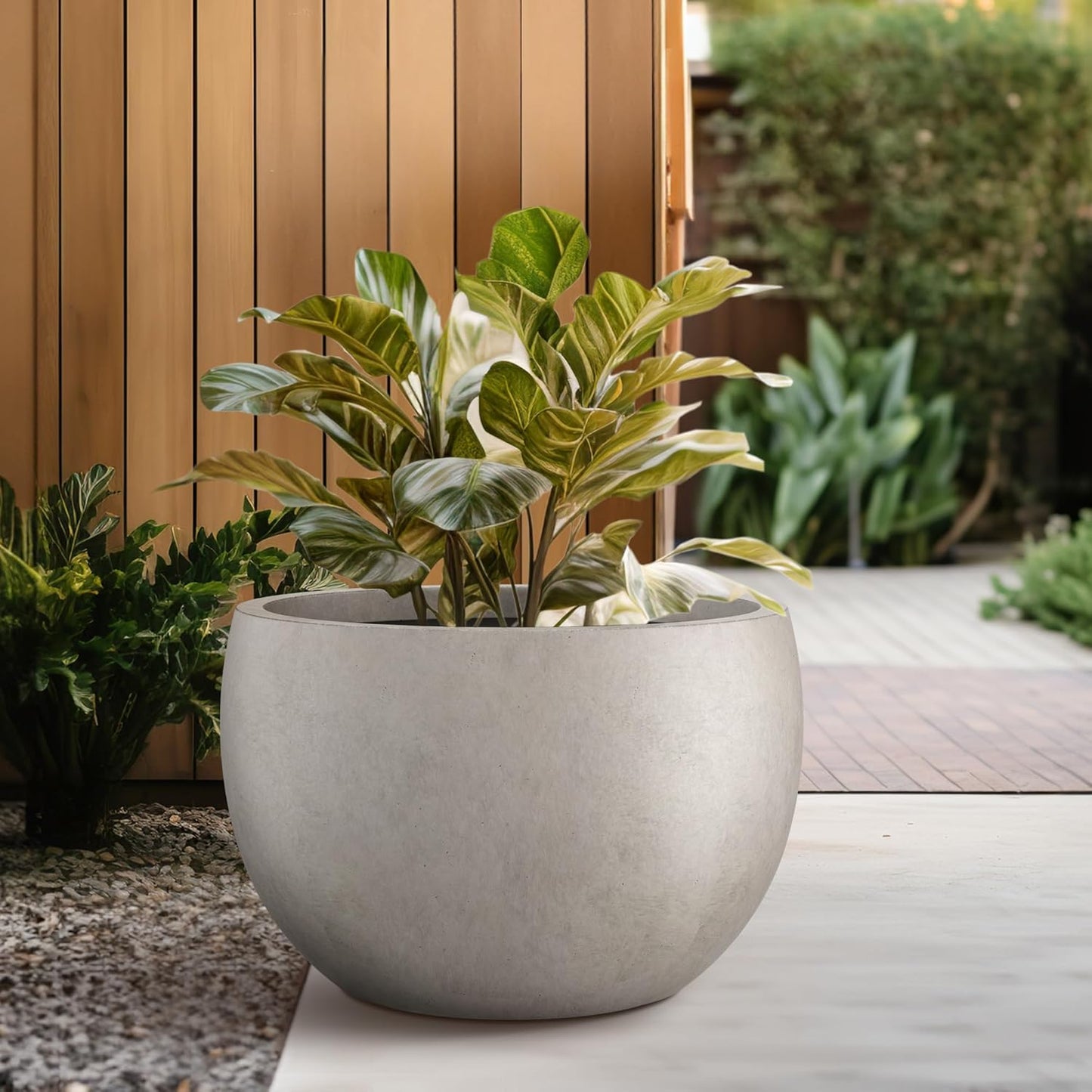 Kante 19.9" Dia Round Concrete Planter, Outdoor/Indoor Large Bowl Plant Pots with Drainage Hole and Rubber Plug for Garden Patio Balcony Home, Weathered Concrete-VerdiqueGarden