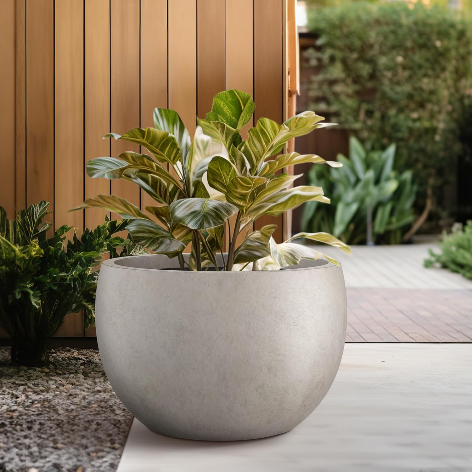 Kante 19.9" Dia Round Concrete Planter, Outdoor/Indoor Large Bowl Plant Pots with Drainage Hole and Rubber Plug for Garden Patio Balcony Home, Weathered Concrete-VerdiqueGarden