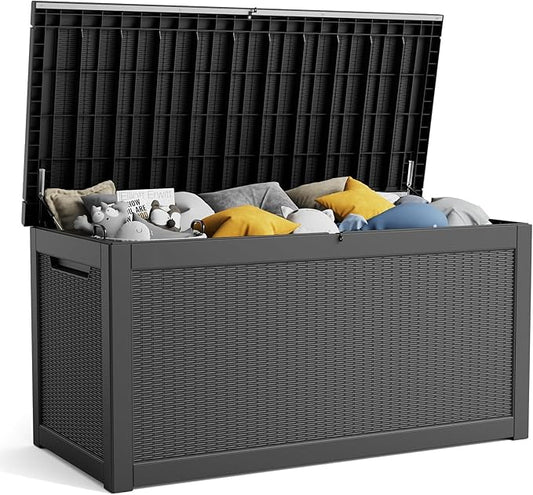 260 Gallon Resin Deck Box, Lockable Patio Outdoor Storage Box for Furniture, Garden Tools and Tools Storage, Waterproof Outside Storage Boxes - Black-VerdiqueGarden