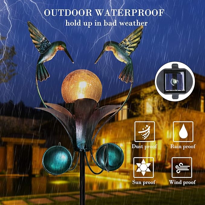 VCUTEKA Solar Lights Outdoor Metal Garden Stake Waterproof Crackle Glass Globe Garden Decor Hummingbird for Pathway, Lawn, Patio, Yard-VerdiqueGarden