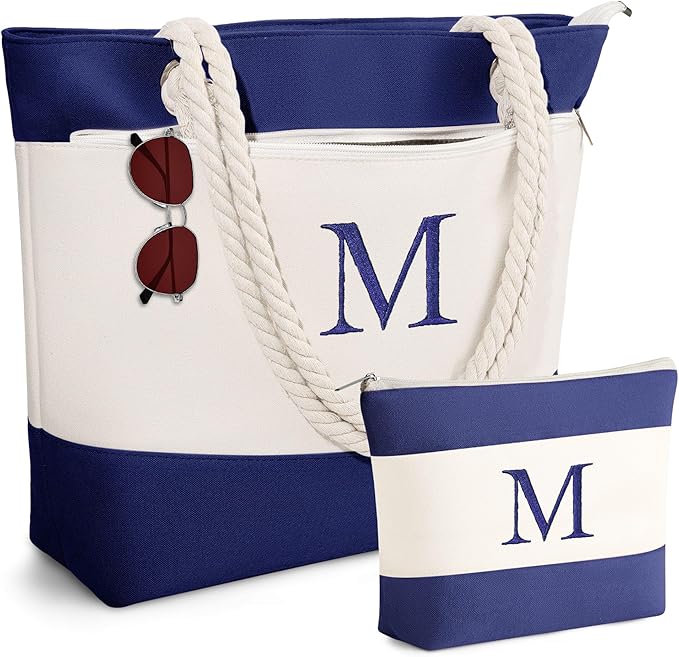 YOOLIFE Beach Bags for Women - Initial Tote Waterproof Bag with Makeup Bag, Mothers Day Gifts for Women Mom Friend Birthday-VerdiqueGarden