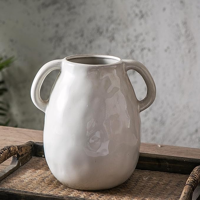 Kimdio White Ceramic Vase with 2 Handles, Modern Farmhouse Vases for Home Decor, Rustic Pottery Vase, Decorative Terracotta Flower Vase, Clay Small Vase, Centerpieces for Dining Table-VerdiqueGarden