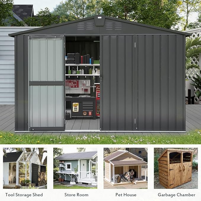 Domi Outdoor Storage Shed 10' x 8’, Metal Garden Shed with Galvanized Steel Frame for Bike, Tools, Lawn Mowers, Pool Toys, Outdoor Storage Cabinet with Lockable Door for Garden Lawn Patio (Dark Grey)-VerdiqueGarden