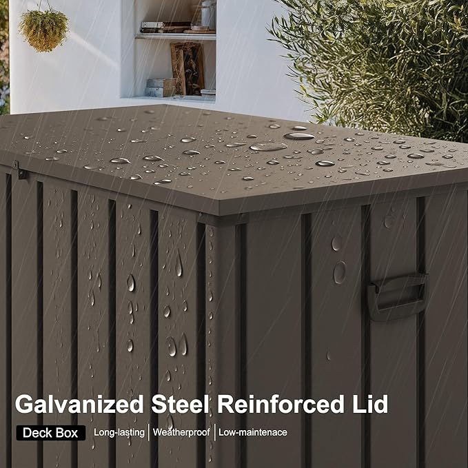 PURPLE LEAF Outdoor Deck Box 100 Gallon Waterproof Lockable Storage Box Container with Lid Deck Organization for Patio Cushions Side Table Pool Accessories Garden Tools, Brown-VerdiqueGarden