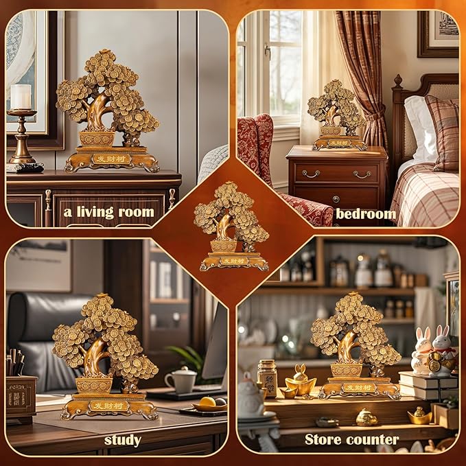 FENGSHUI-CAISHEN Top Resin Money Tree, Artificial Bonsai Tree, Handcrafted, Premium Quality, Feng Shui Gift for Abundance Luck and Success (Brown)-VerdiqueGarden
