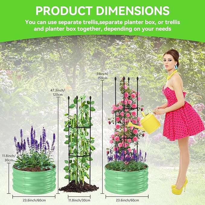1 Pack Raised Garden Beds Outdoor, Galvanized Metal Raised Garden Bed with Trellis, 23.6x23.6x60in Tomato Cages for Garden Planters Box with Trellis for Climbing Plants Vegetable Vine Flowers-VerdiqueGarden