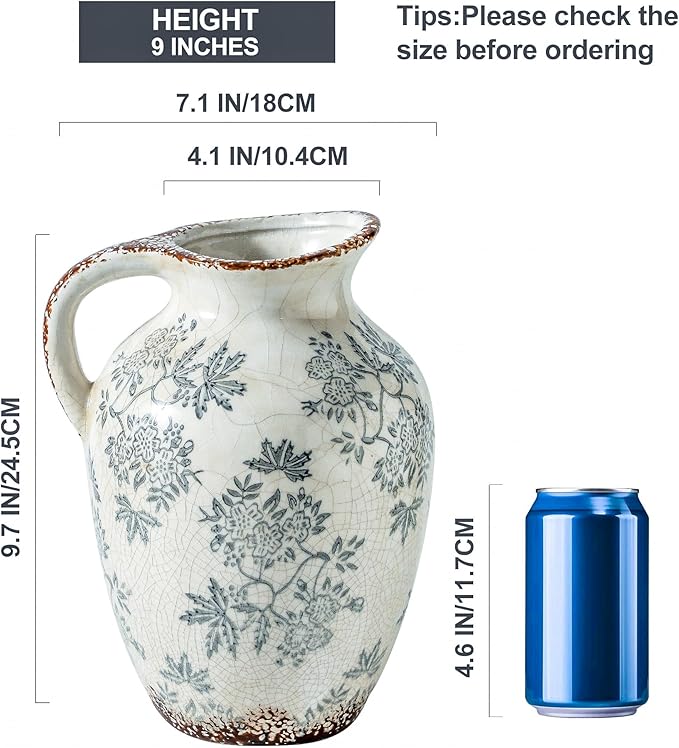 Enra Vintage vase with Handle,Blue and White Ceramic Decorative Flower vase, Chinoiserie Floral Vase,Large Rustic Vases for Home Decors, Living Room, Bookshelf, Office，9.7 inch-VerdiqueGarden