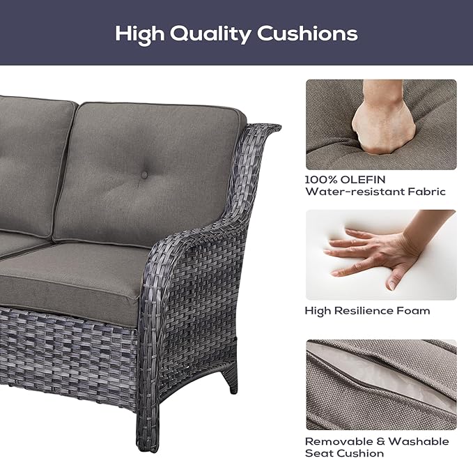 Outdoor Furniture Sectional Sofa L Shaped Couch - Patio Wicker Furniture Set with Coffee Table, 3 Piece Rattan Patio Conversation Sets with Gray Cushion for Deck Backyard Sunroom-VerdiqueGarden