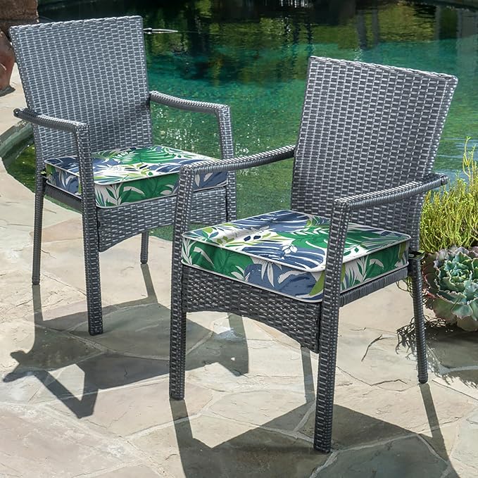 LVTXIII Patio Chair Cushions 19"x19"x3", Water-Repellent Outdoor Seat Cushions for Patio Furniture, Square Chair Pads with Ties for Home Garden Decoration, Set of 2, Islamorada Blue Green-VerdiqueGarden