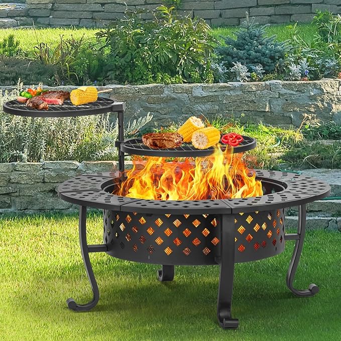 42 Inch Fire Pit with 2 BBQ Grills, Wood Burning Fire Pits for Outside with Lid & Fire Poker, BBQ& Outdoor Firepit & Round Metal Table 3 in 1 for Patio, Picnic, Party-VerdiqueGarden