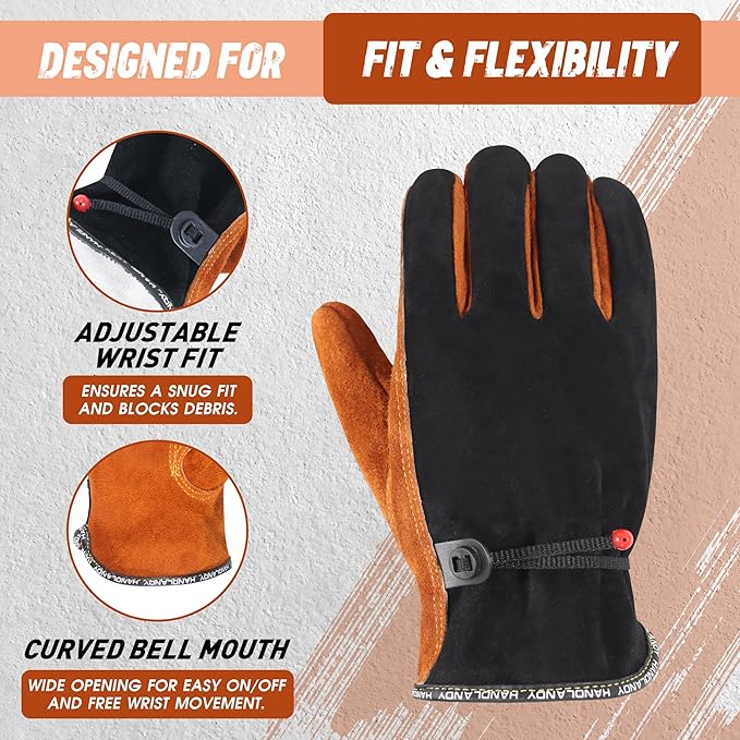 HLDD HANDLANDY Leather Work Gloves for Men & Women, Adjustable Wrist Cowhide Gardening Glove with Reinforced Palm for Driver-VerdiqueGarden