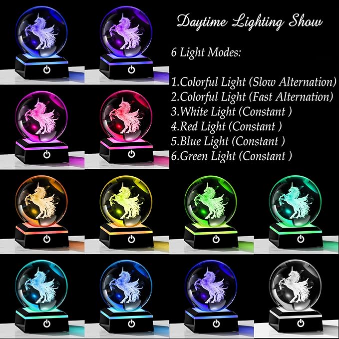 Qianwei Unicorn Gifts for Women 3D Crystal Ball 3.14'' - 80mm Laser Unicorn Decor Glass Animals Unicorn Gifts Figurines Statue Stuff for Room Decorations Unicorn Night Light-VerdiqueGarden