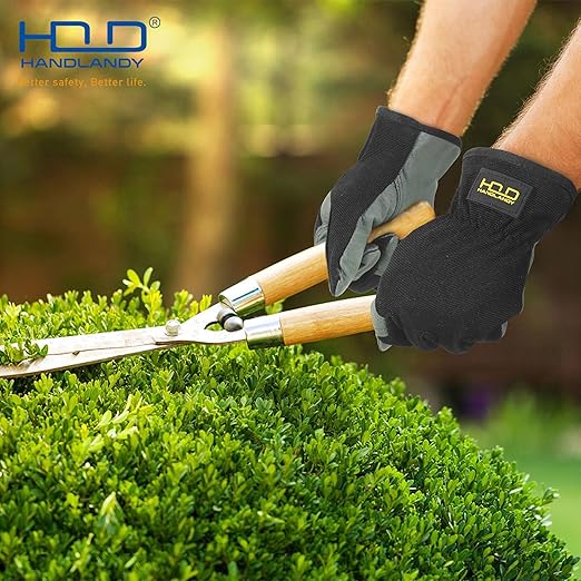 HLDD HANDLANDY Leather Gardening Gloves for Men, Utility Work Gloves for Gardening, Yardwork, Construction, Mechanics with Reinforced Palm, Green M-VerdiqueGarden