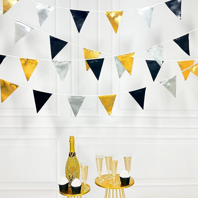 Black Gold Silver Party Decoration Triangle Pennant Banner Flag Metallic Fabric Bunting Garland for Birthday Graduation Anniversary Wedding Bridal Shower Bachelorette Engagement Disco Party Supplies-VerdiqueGarden