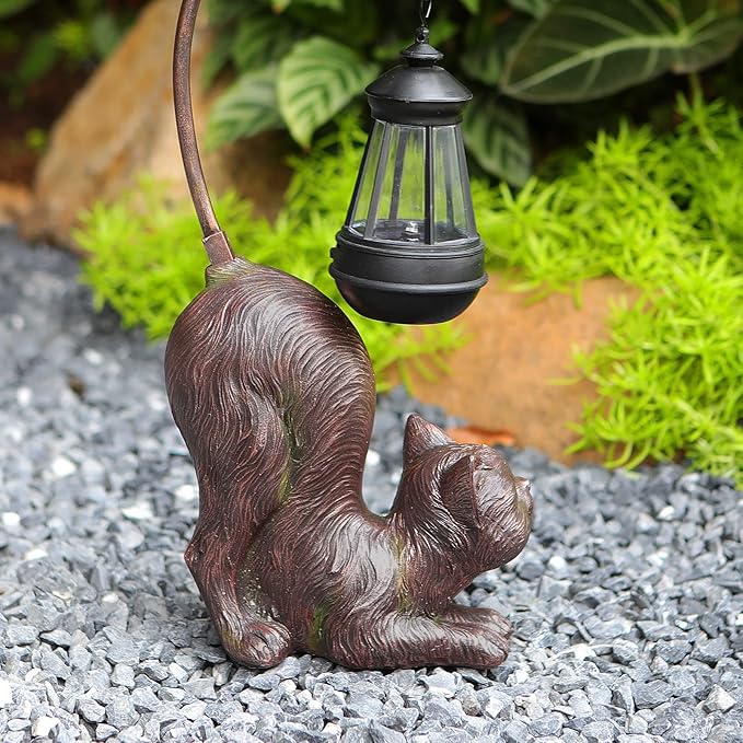 Laughing Cat Figurine with Solar-Powered LED Light, 15.7 Inches Tall Antique Bronze, Perfect for Gift Garden Decor or Housewarming for Cat Lovers.-VerdiqueGarden