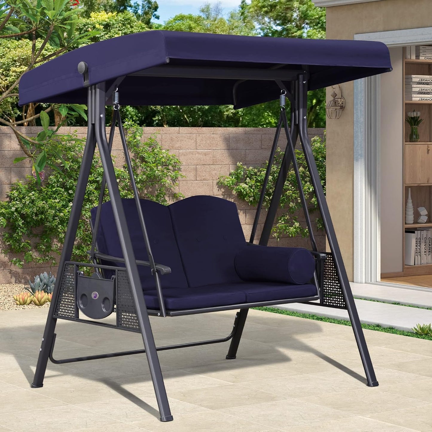 PURPLE LEAF Outdoor Patio Porch Swing with Stand, 2-seat Swing Chair with Adjustable Tilt Canopy All-Weather Steel Frame for Backyard Front Porch Lawn, Cushions and Pillow Included, Navy Blue-VerdiqueGarden