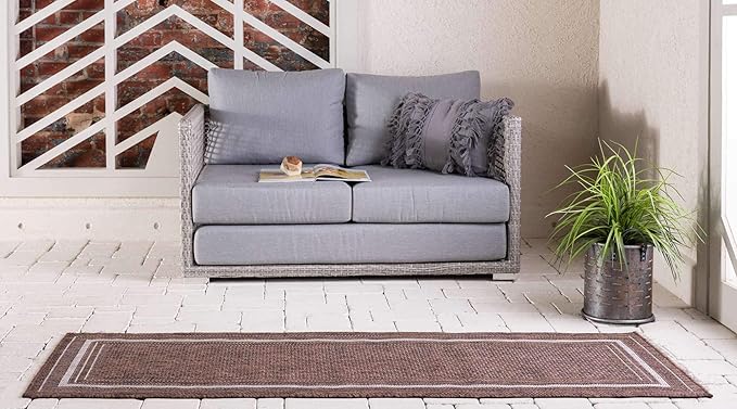 Unique Loom Outdoor Border Collection Area Rug - Soft Border (2'x 6' 1" Runner, Brown/ Ivory)-VerdiqueGarden