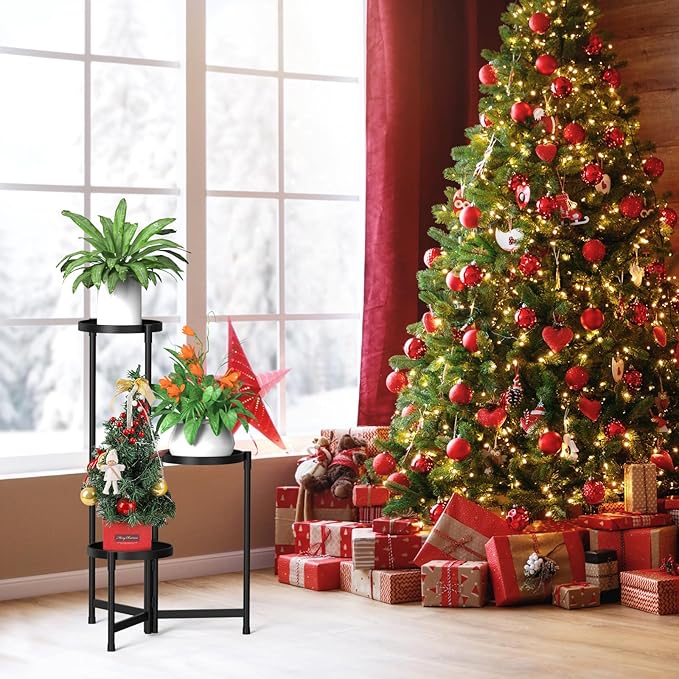 MOKANI Metal Plant Stand Indoor Outdoor for Multiple Plants, 3 Tiered Folding Corner Shelf Tall Flower Pot Holder Display Rack for Patio Living Room Balcony Garden, Black-VerdiqueGarden