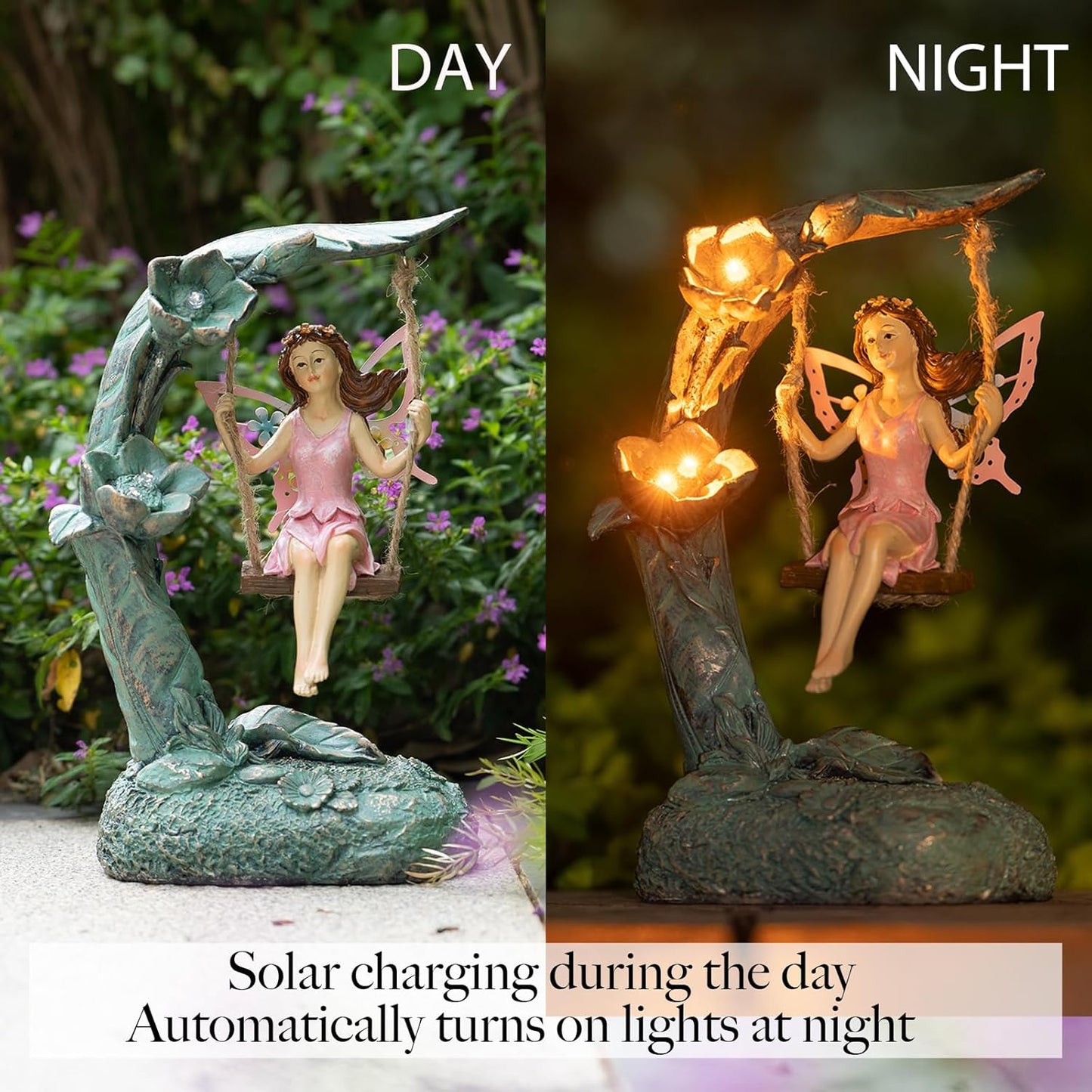 Garden Flower Fairy Outdoor Statue Decor Funny Swing Fairy Ornaments Figurines for Patio Lawn Yard Porch Outside Garden Gifts,9.05 Inches Tall ﻿ ﻿ ﻿-VerdiqueGarden