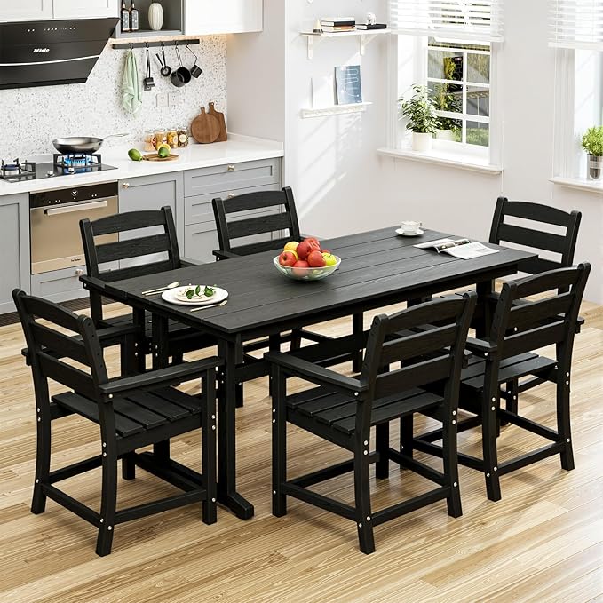 7pcs Outdoor Dining Set, HDPE Patio Dining Set for 6, All-Weather Outdoor Table and Chairs with Umbrella Hole & Adjustable Pads, Modern Patio Furniture Set for Backyard, Poolside &Lawn (Black)-VerdiqueGarden