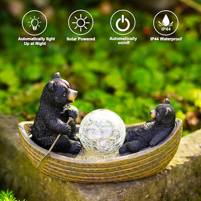 Goodeco Solar Bears Boating Statue - Waterproof Outdoor Bear Decor with Solar Gazing Ball Lights - Great Gift for Bear Lovers and Garden Enthusiasts - Ideal Gifts for Mom & Birthdays-VerdiqueGarden