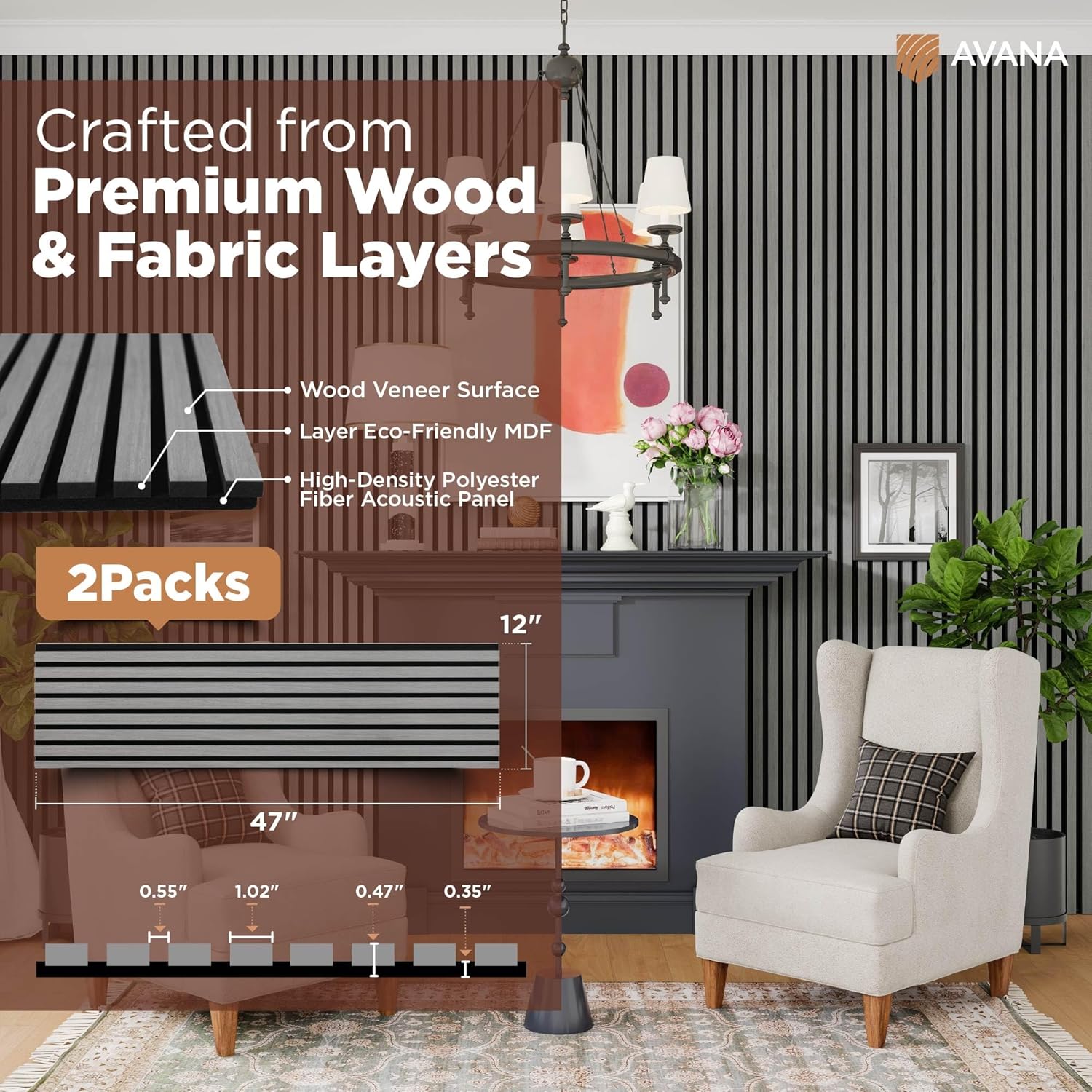 Avana Acoustic Wood Wall Panels – 47.2 X 12.6 Inch Gray Oak Acoustic Panels 2 PCs – Modern Wall Panels For Interior Wall Decor For Homes, Offices, Studios – Sturdy And Durable Wood Panels For Wall-VerdiqueGarden