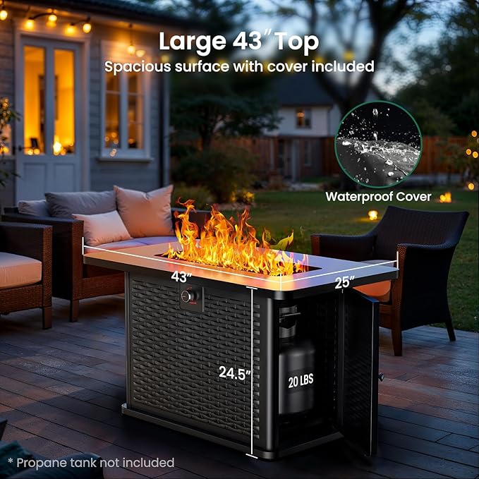 Ciays 43-Inch Rectangular Propane Fire Pit with 60,000 BTU Output, Gas Fire Pit with Cover and Rocks, Fire Pit Table CSA-Certified 2 in 1 Table Gatherings Parties with 304 Stainless Steel H-Burner-VerdiqueGarden