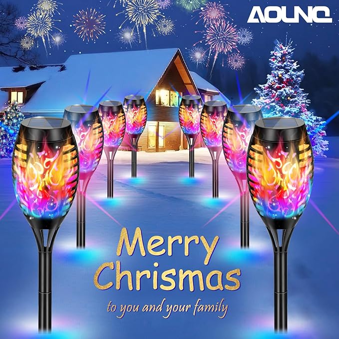 12 Pack Solar Torch Lights Outdoor Waterproof - Multicolor Flickering Flame, Outdoor Solar Garden Lights for Yard, Tiki Torches for Outside Patio Pathway Decorations-VerdiqueGarden