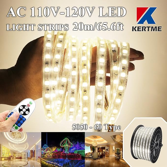 5050-60 Type AC 110-120V LED Strip Lights, Flexible/Waterproof/Dimmable/Multi-Modes LED Rope Light + 23 Keys Remote for Home/Garden/Building Decoration (65.6ft/20m, Natural White 4000K)-VerdiqueGarden