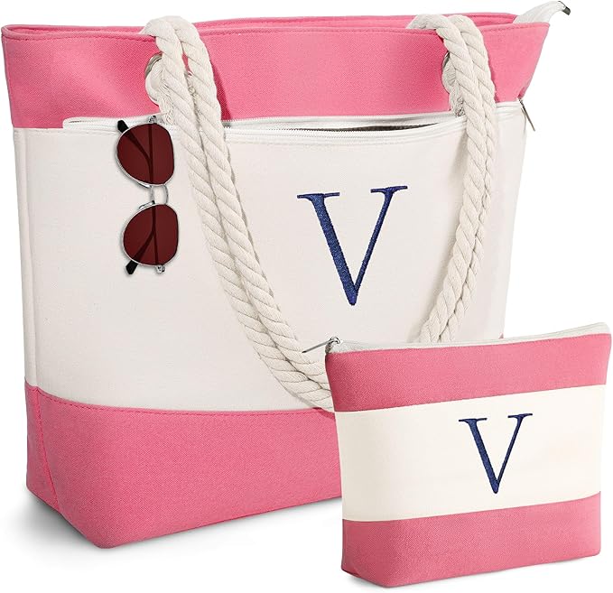 YOOLIFE Beach Bags for Women - Initial Tote Waterproof Bag with Makeup Bag, Mothers Day Gifts for Women Mom Friend Birthday-VerdiqueGarden