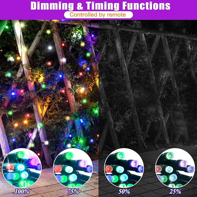 LitHome 100LED Solar Christmas Lights Outdoor, 33FT 34Colors Solar/USB String Lights Waterproof with Remote, 102 Modes Color Changing Halloween String Light Dimmable for Indoor Xmas Tree Party Decor-VerdiqueGarden