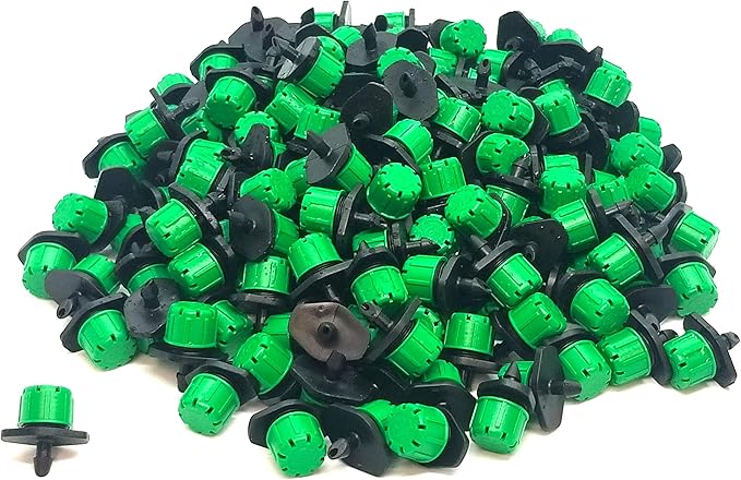 (100-PACK) - 360 Degree 1/4" Inch Universal Barbed Drip Emitter - Adjustable Flow 0-18.5 GPH Fit 1/4 (4-7mm) Drip Irrigation Tubing - Professional Grade Drippers for Drip Irrigation-VerdiqueGarden