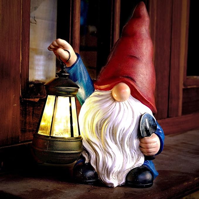Garden Gnome Outdoor Decoration with Shovel Solar Gnomes Statue with Lantern LED Lights,Terrace Courtyard Lawn Patio Porch Decoration Christmas Housewarming Gift for Woman Mom-VerdiqueGarden