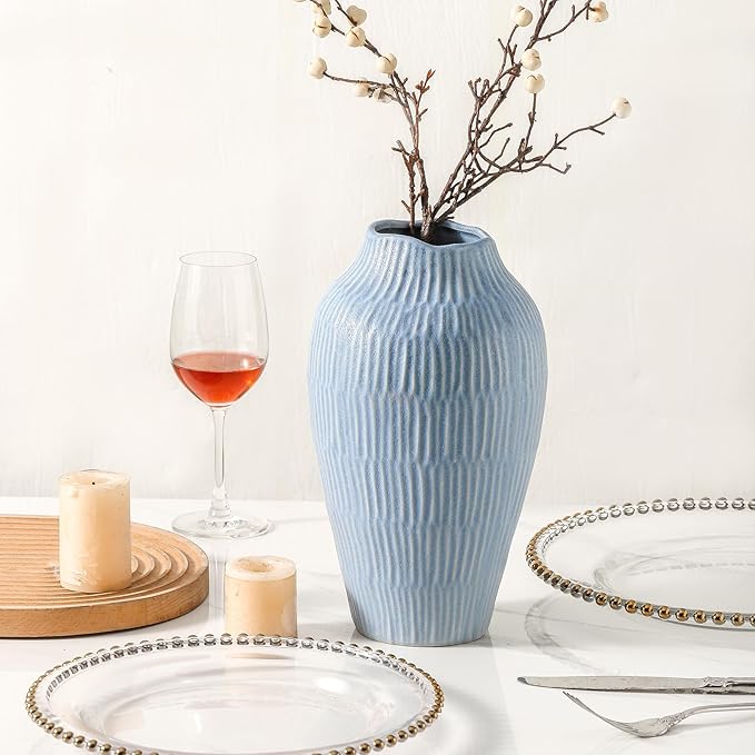 Ceramic Vase for Home Decor,11.6 Inch Flower Vases，Decorative Blue Vase for Pampas Grass，Modern Art Texture Vases for Home Entryway Living Room Dining Table Farmhouse Office Decor-Mat Blue-VerdiqueGarden