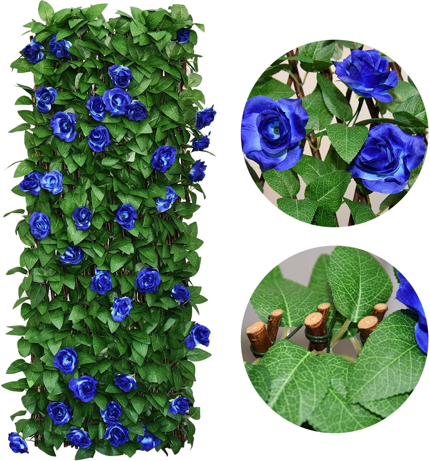 Expandable Fence Privacy Screen for Balcony Patio Outdoor,Decorative Faux Ivy Fencing Panel,Artificial Hedges (Single Sided Leaves) (4, Blue Flowers)-VerdiqueGarden