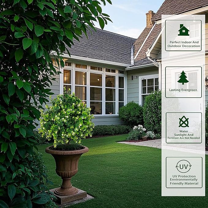 Artificial Boxwood Topiary Ball Trees 21.6" Tall UV Resistant Artificial Bushes, Set of 2 Faux Plants with Spike Easy to Push in The Ground for Indoor Outdoor Garden-VerdiqueGarden