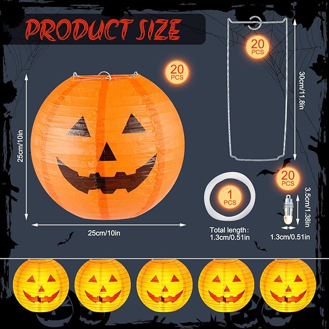 Retisee 20 Pcs 10 Inch Halloween Paper Lanterns Jack O Lantern Pumpkin Halloween Party Decorations Halloween Hanging Pumpkin Decor with Lights Suitable for Indoor Outdoor Yard, Lawn, Garden, Party-VerdiqueGarden