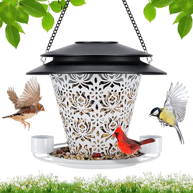 Solar Bird Feeders for Outside Hanging Metal Wild Bird Feeder Solar Lanterns Outdoor Waterproof Garden Decor for Yard White-VerdiqueGarden