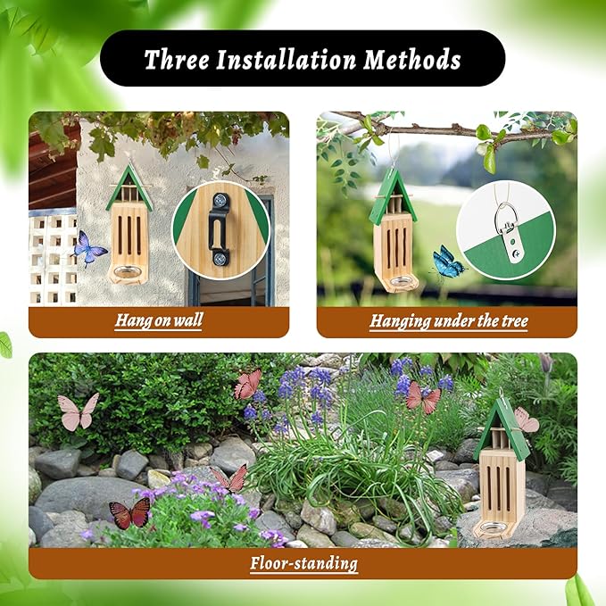 Butterfly House and Feeder for Outside, Wooden Butterfly House for Garden, Natural Butterfly Habitat with Butterfly Puddler on The Floor or Hanging on Tree Wall-VerdiqueGarden