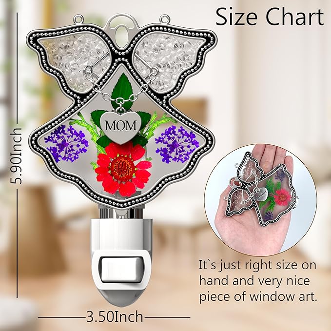 KY&BOSAM Night Light Mom Stained Glass Angel Night Lights Plug Into Wall with Real Flower in Glass and Metal Charm Night Light for Nursery Bedroom Bathroom Decorative Accent Lite Elegant Home Decor-VerdiqueGarden